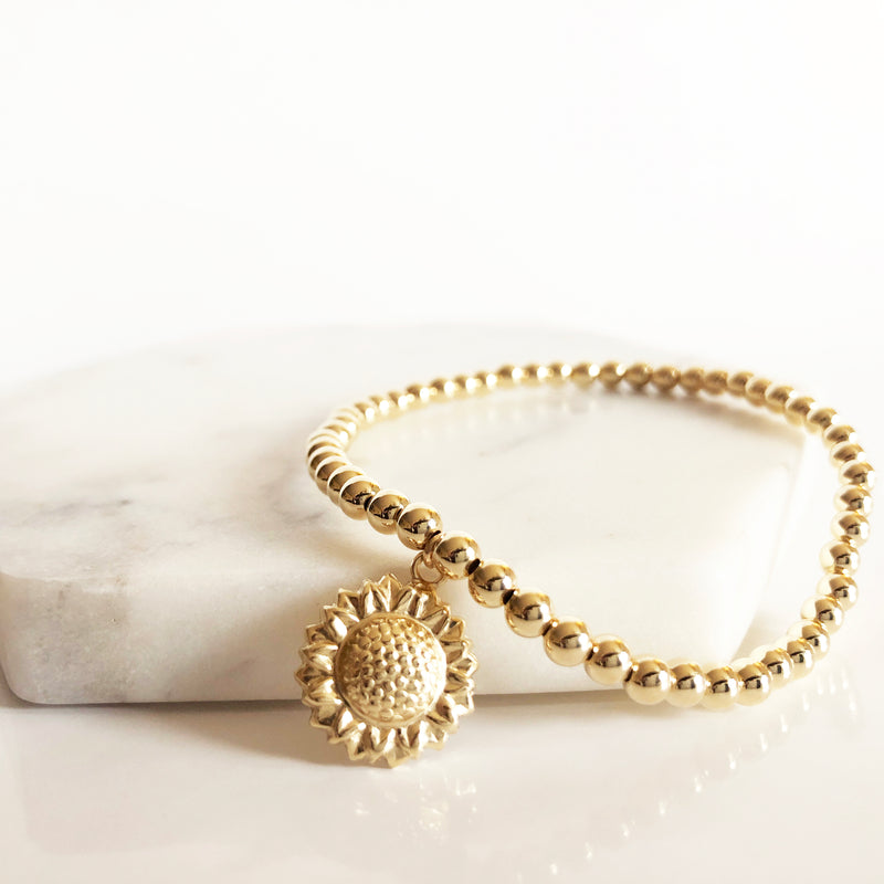 14K Gold-Filled sunflower charm beaded bracelet