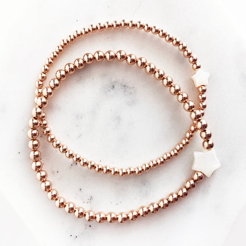 14K Rose Gold-Filled beaded bracelet set in 3mm and 4mm sizes with star seashell beads