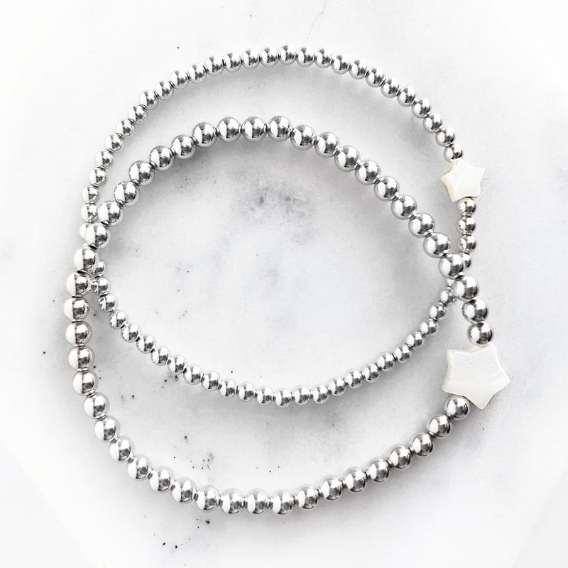 Sterling Silver beaded bracelet set in 3mm and 4mm sizes with star seashell beads