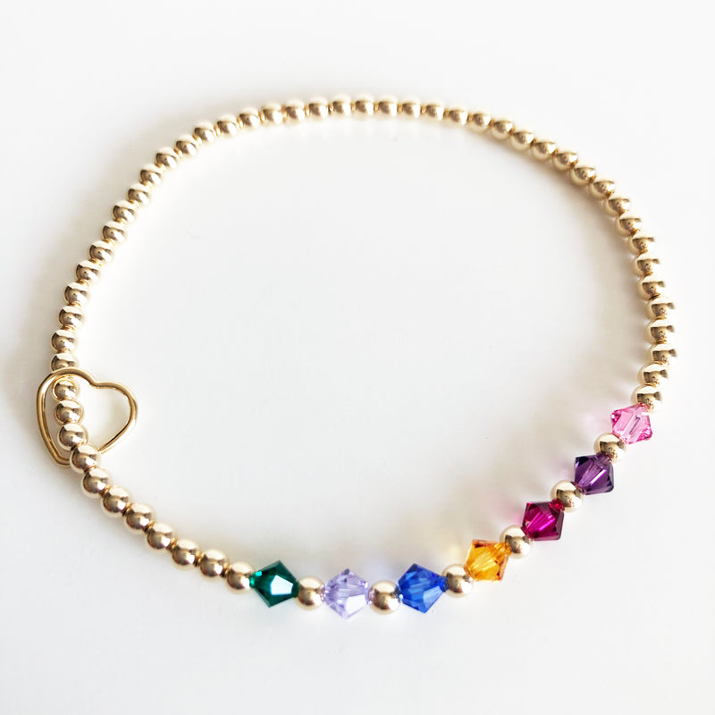 Gold beaded Swarovski birthstone bracelets with heart charm