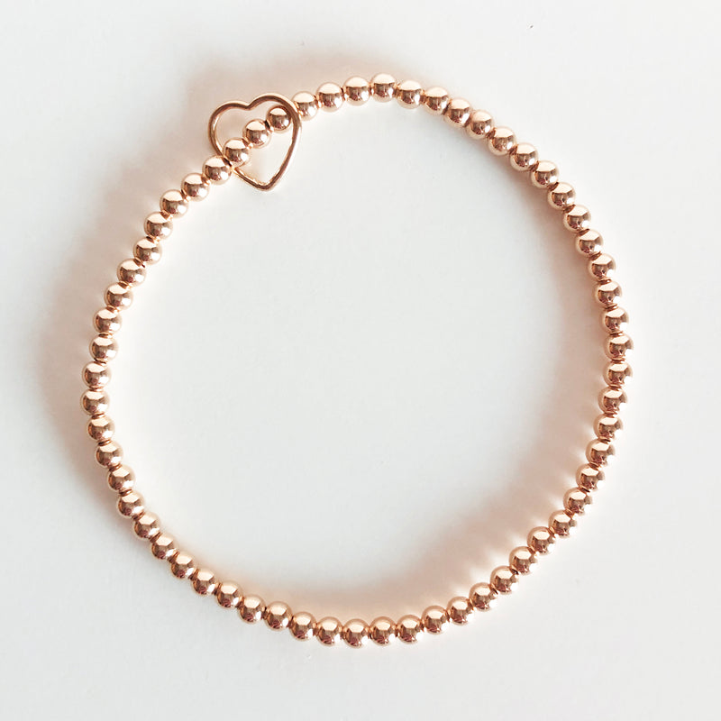 14k rose gold-filled 3mm beaded bracelet with heart charm