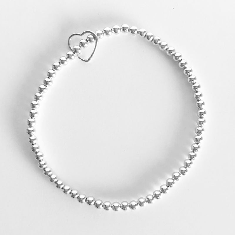 Sterling silver 3mm beaded bracelet with heart charm