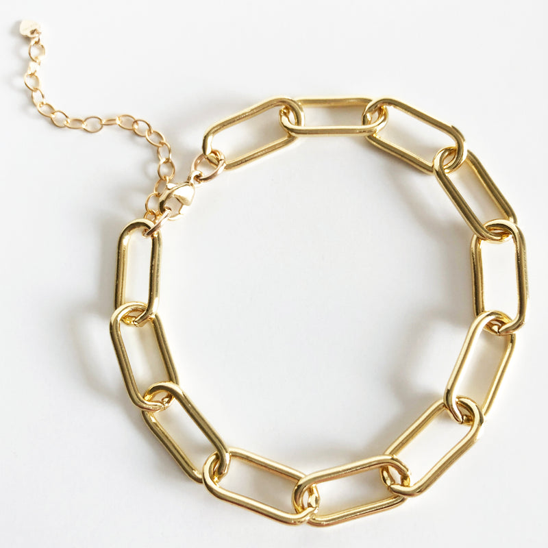 Gold thick link chain bracelet with extender