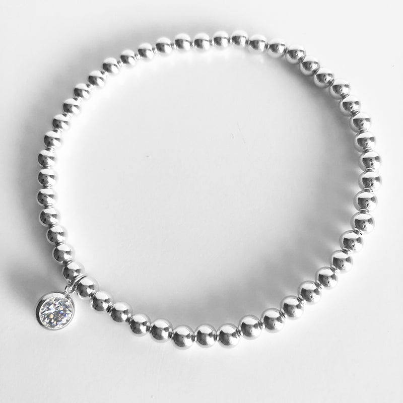 4mm Sterling Silver Beaded Bracelet with a round Swarovski crystal charm
