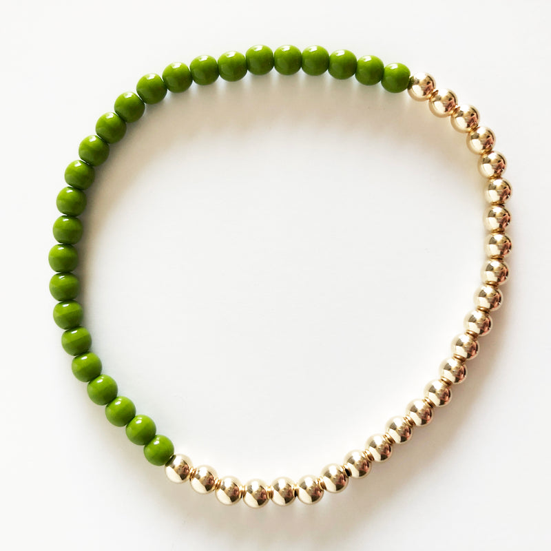 Half czech glass half 14K Gold-filled beaded bracelet in olive green
