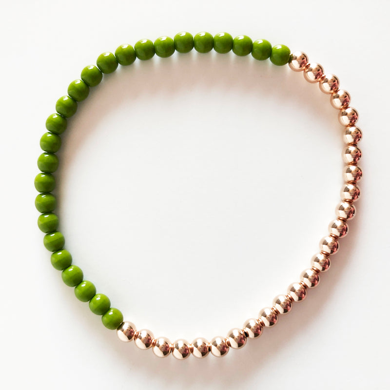 Half czech glass half 14K Rose Gold-filled beaded bracelet in olive green
