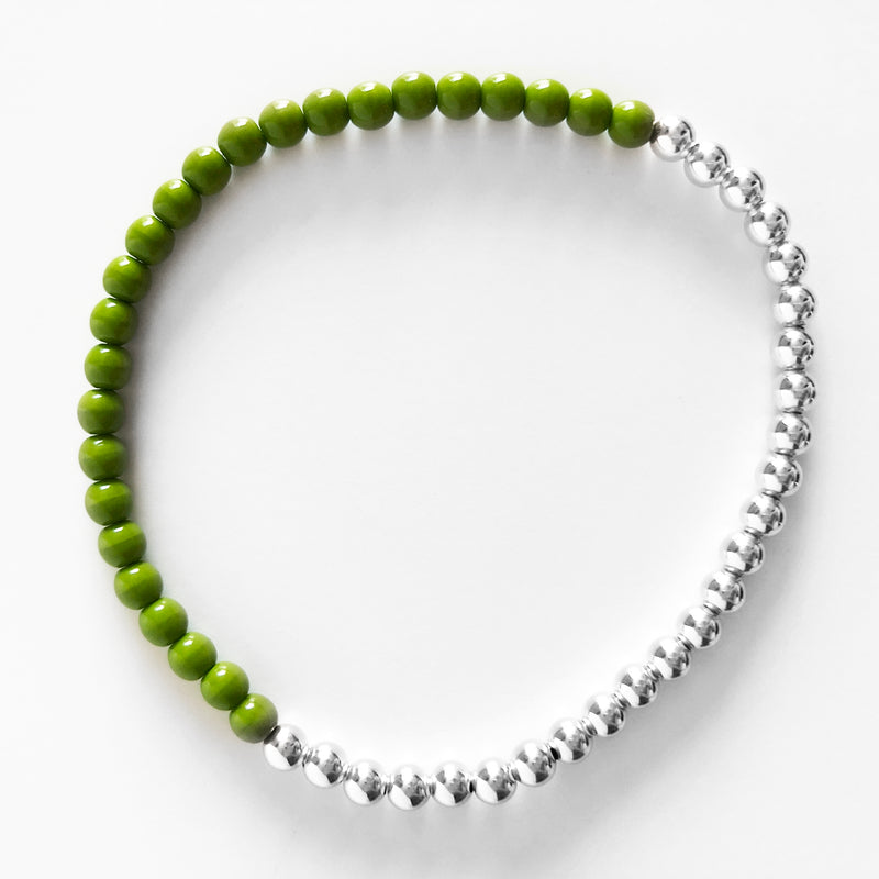 Half czech glass half sterling silver beaded bracelet in olive green