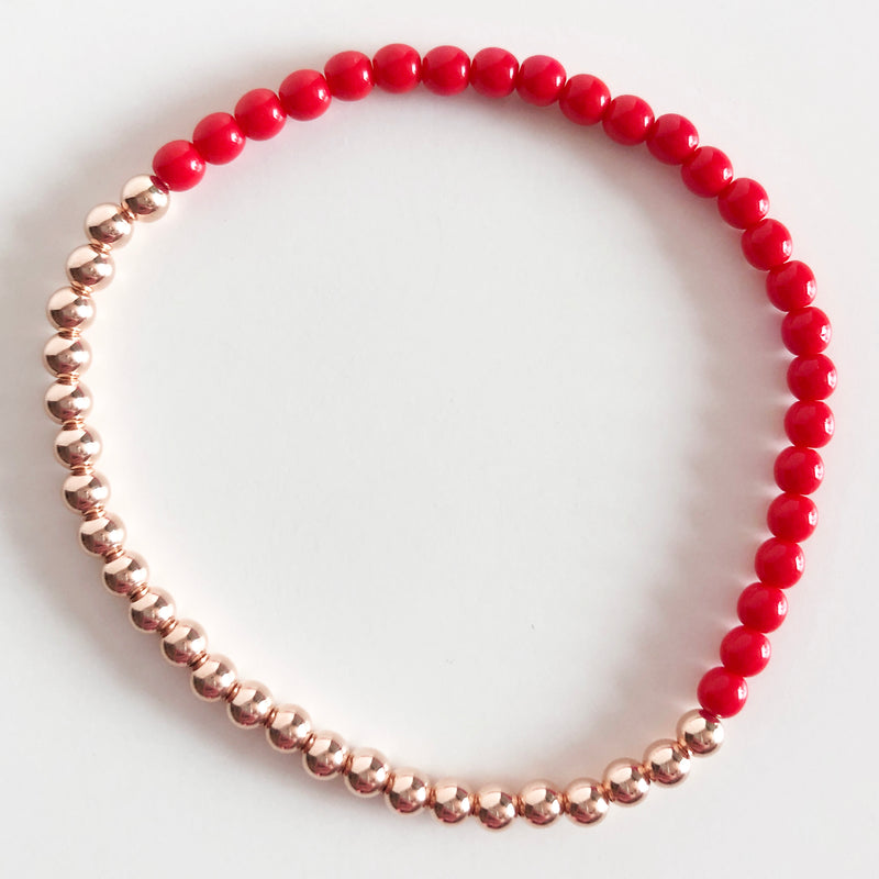 Half czech glass half 14K Rose Gold-filled beaded bracelet in red