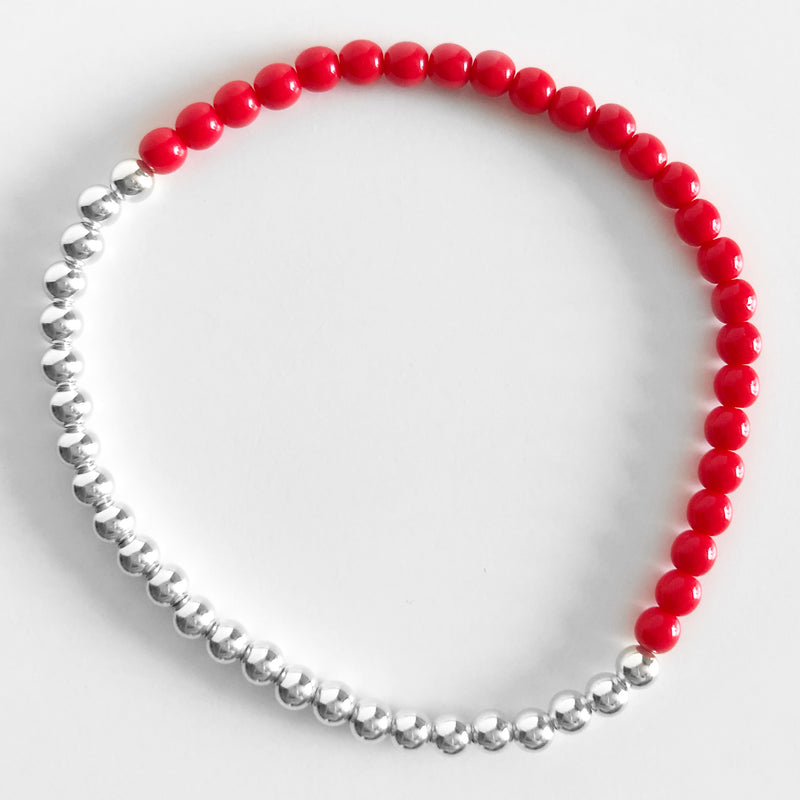 Half czech glass half sterling silver beaded bracelet in red
