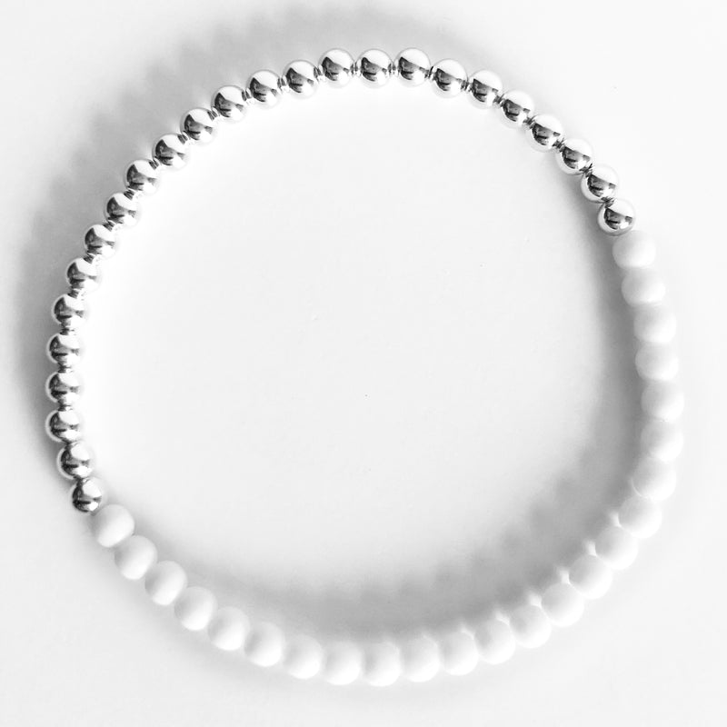Half czech glass half sterling silver beaded bracelet in white