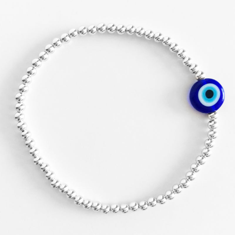 blue evil eye bead on 3mm sterling silver beaded bracelet