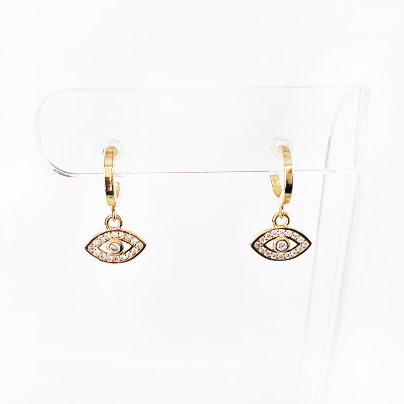 14k Gold-filled dangling evil eye huggie earrings