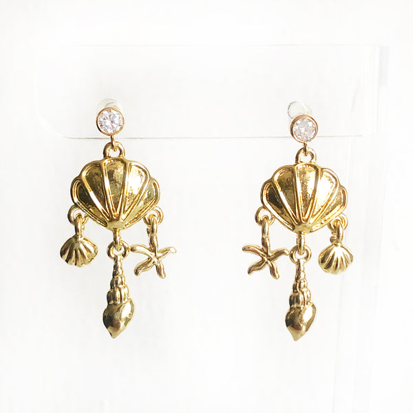 CZ stud post with dangling seashell charms 14k gold-filled earrings