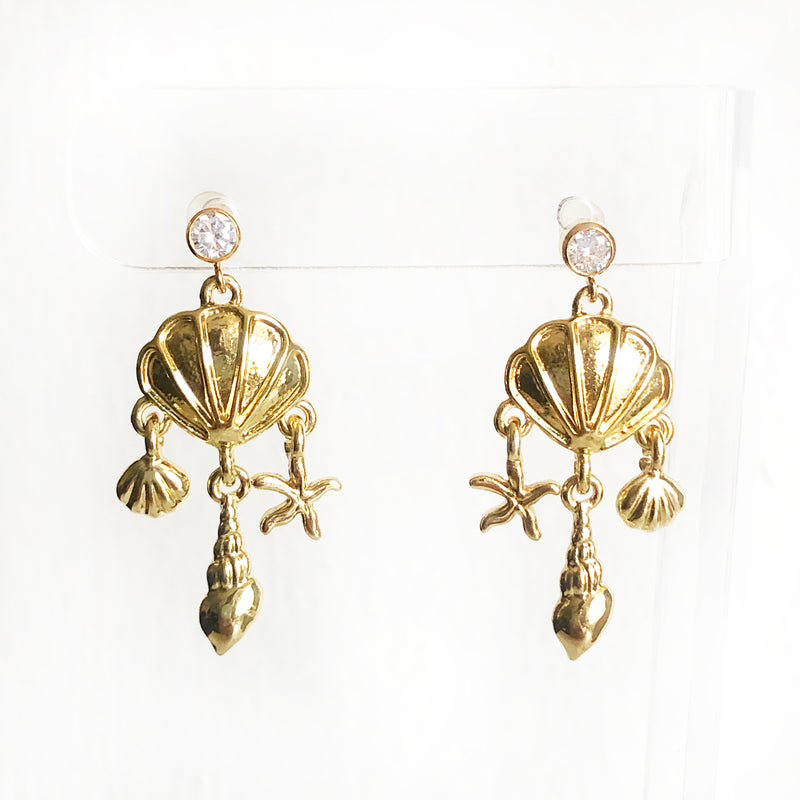 CZ stud post with dangling seashell charms 14k gold-filled earrings