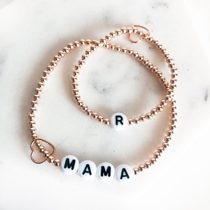 14k rose gold-filled 3mm beaded name bracelets customized matching set for mommy and baby with heart charms