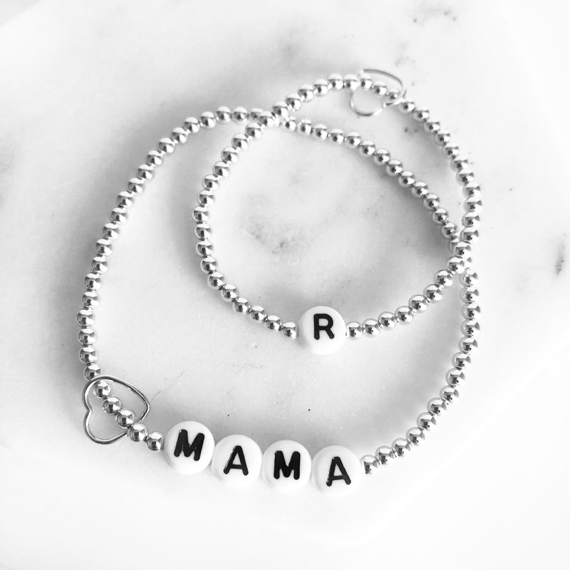 sterling silver 3mm beaded name bracelets customized matching set for mommy and baby with heart charms