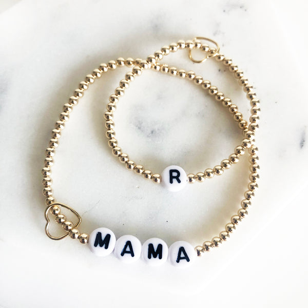 14k gold-filled 3mm beaded name bracelets customized matching set for mommy and baby with heart charms