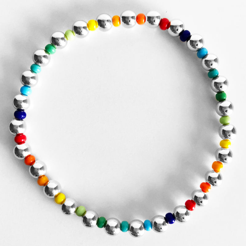 5mm sterling silver and rainbow czech glass beaded bracelet