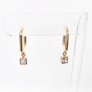 14k Gold-filled square huggie hoops with CZ square drop front view