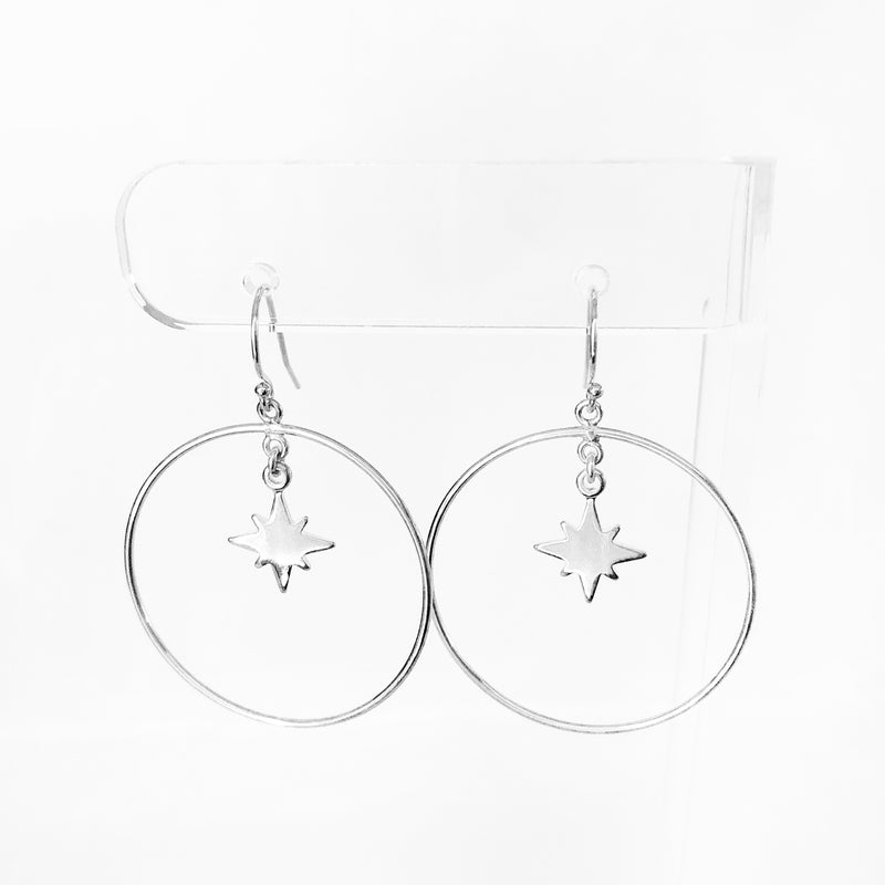 Sterling Silver dangle hoops with north star charm