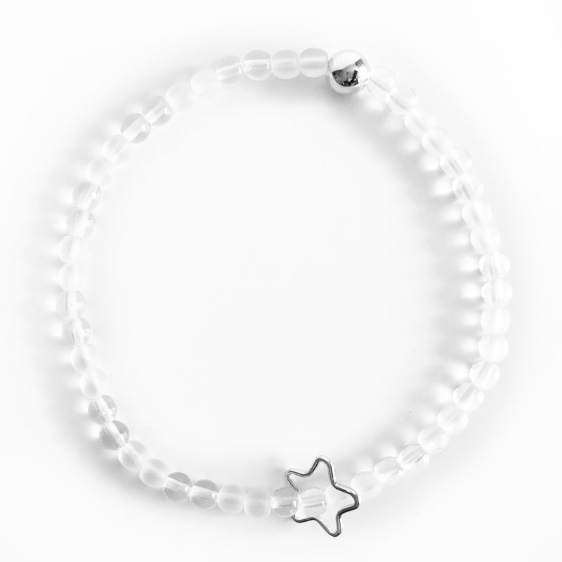 Czech glass beaded bracelet in clear with alternating gloss and matte beads with silver accent beads and star charm