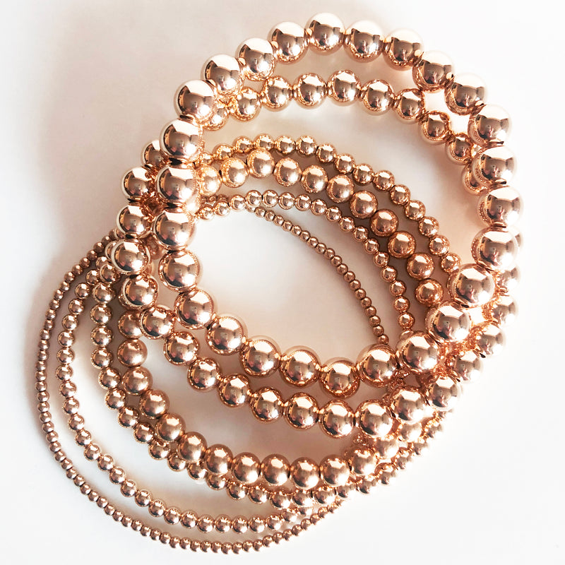 14K rose gold-filled beaded bracelet stack of 6 in all sizes