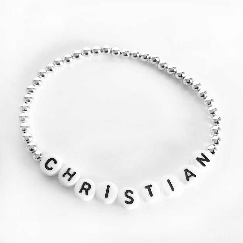 Silver Custom 4mm name bracelet white letters