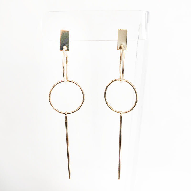 14k gold-filled minimal cocktail elegant earrings with a double hoop and stick drop