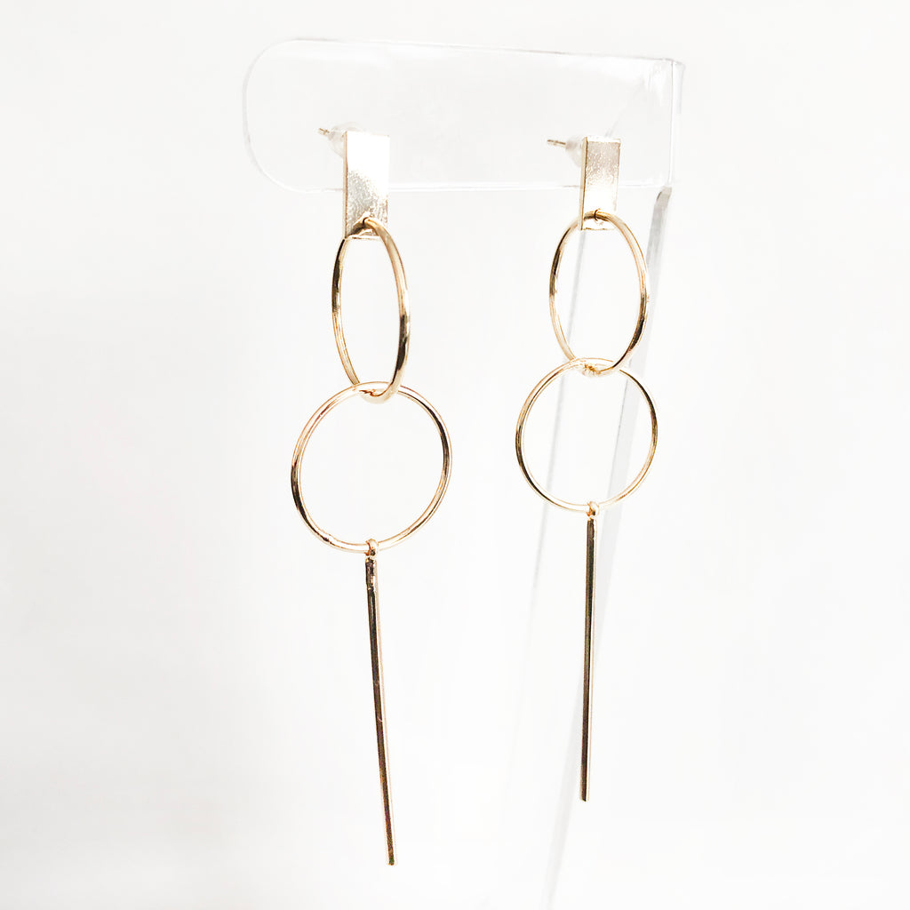 14k gold-filled minimal cocktail elegant earrings with a double hoop and stick drop