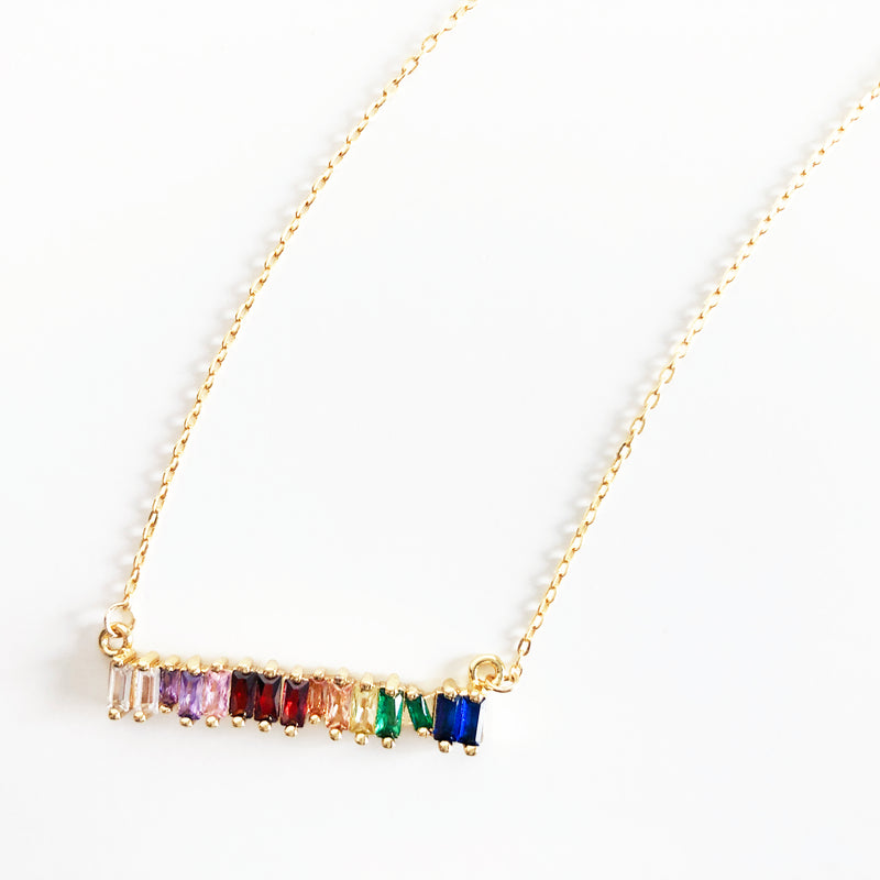 14k gold-filled chain necklace with rainbow spectrum CZ bar charm
