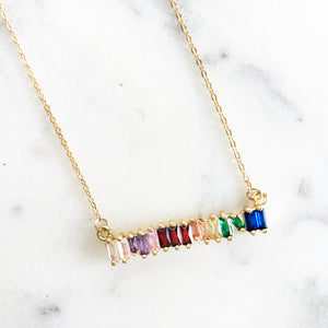 14k gold-filled chain necklace with rainbow spectrum CZ bar charm