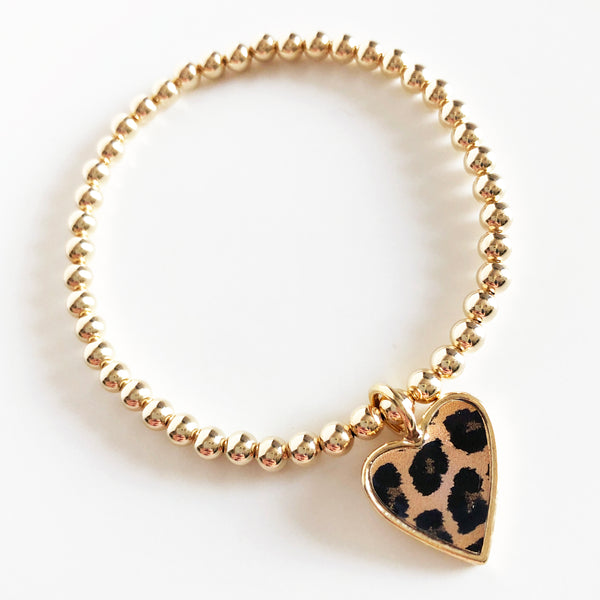 4mm gold beaded bracelet with gold and leopard print heart charm