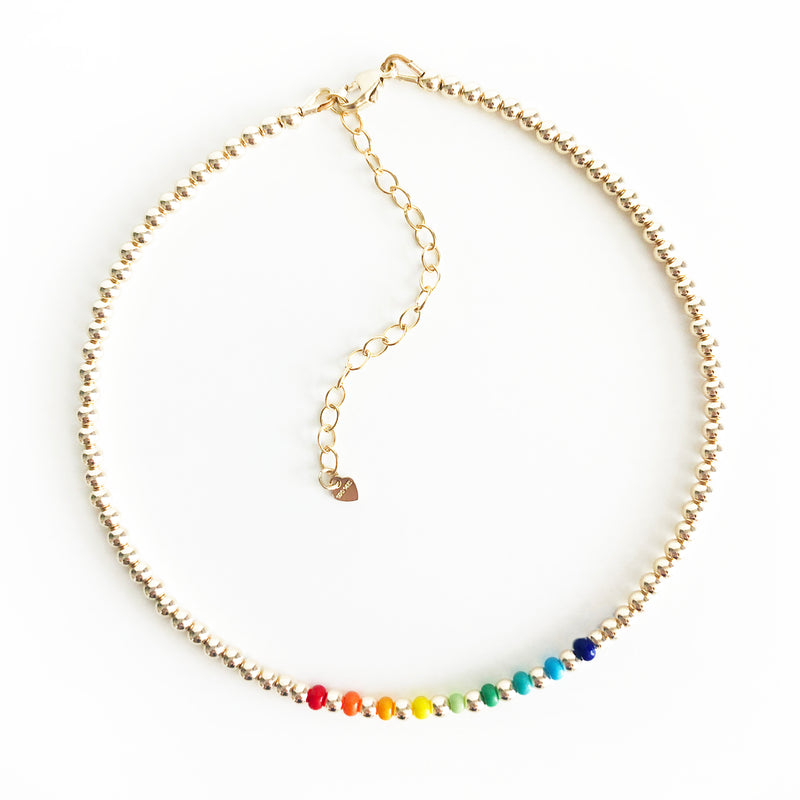14k gold-filled 3mm beaded anklet with rainbow czech glass bead accents with extender