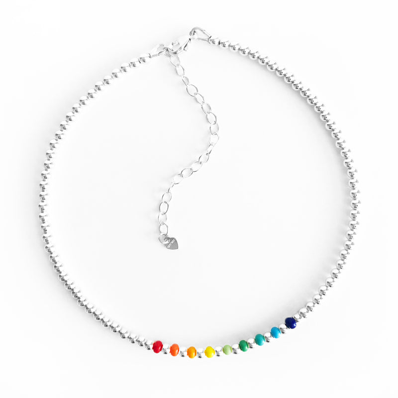 Sterling Silver 3mm beaded anklet with rainbow czech glass bead accents with extender