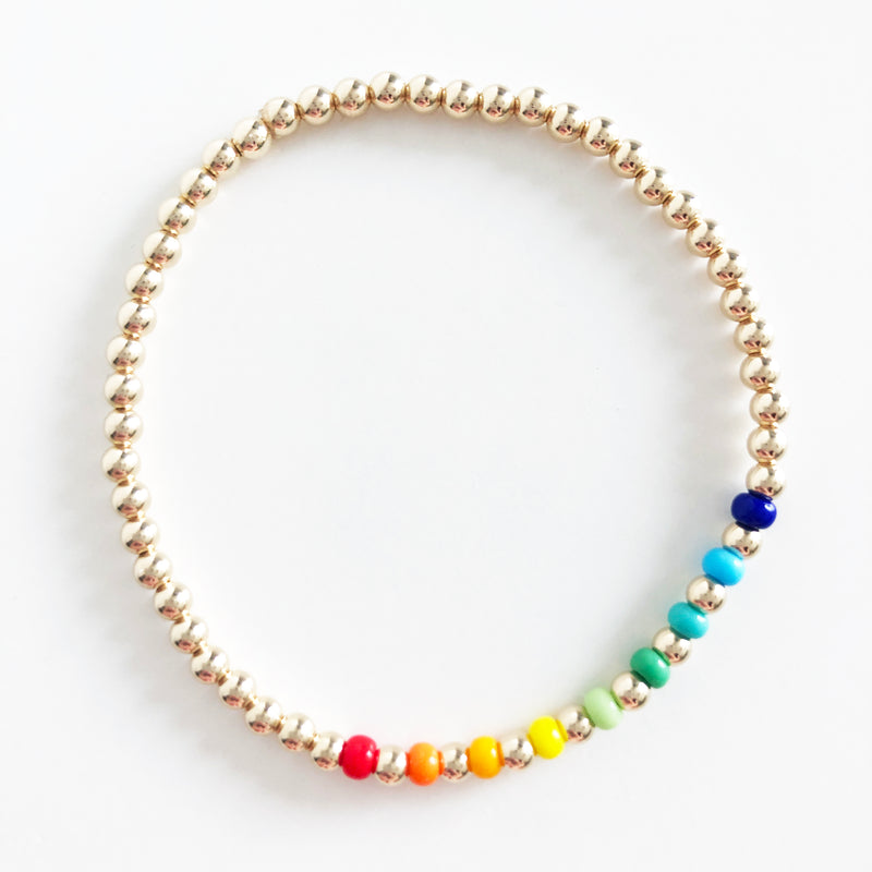 14k gold-filled 3mm beaded bracelet with rainbow czech glass bead accents