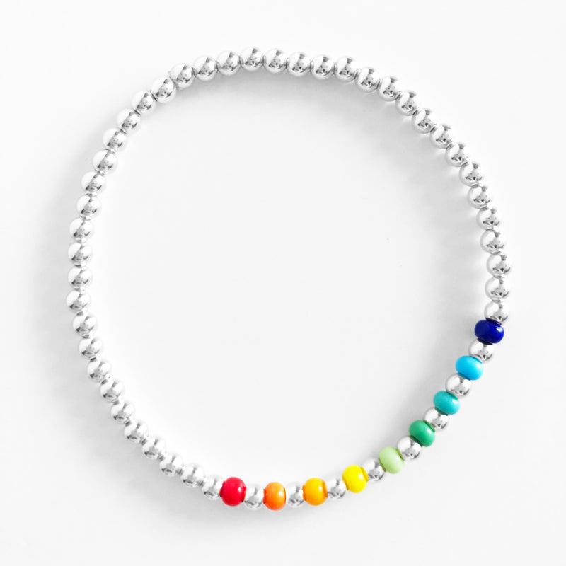 Sterling Silver 3mm beaded bracelet with rainbow czech glass bead accents