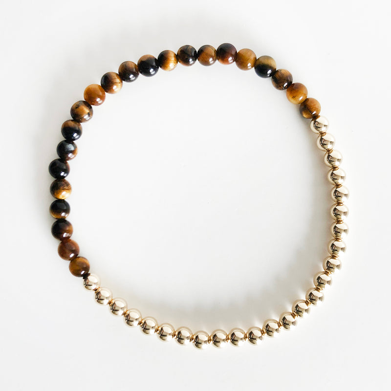 bracelet in half tiger's eye gemstone beads half 14k gold filled beads in 4mm bead size