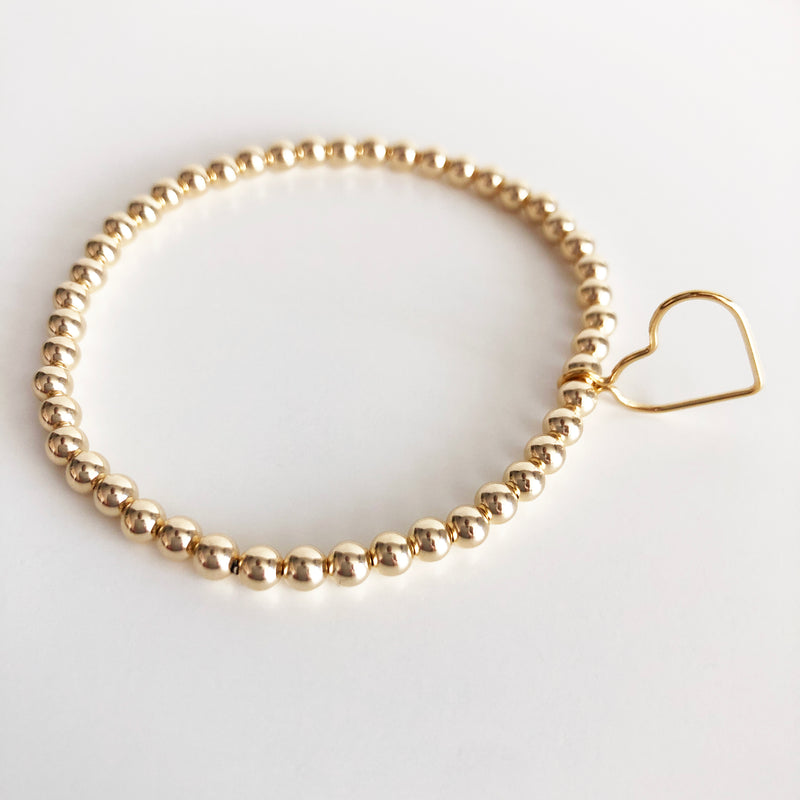 14k gold-filled 4mm beaded bracelet with open heart charm