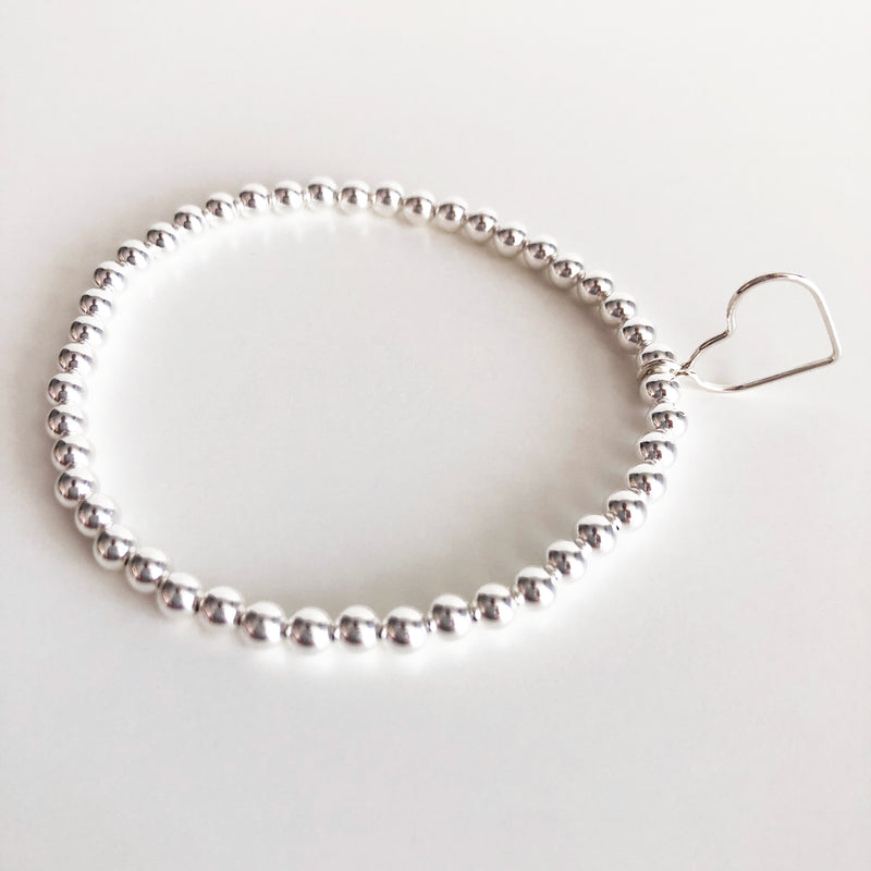 Sterling Silver 4mm beaded bracelet with open heart charm