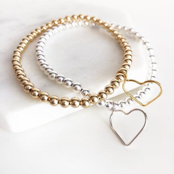 4mm 14k gold-filled and sterling silver beaded bracelets with open heart charm